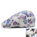 Eleganter Sommer Blumen Spitzen Baskenmütze für Damen mit atmungsaktivem Mesh und Druckknöpfen - 56-58cm / Violett Blau Floral (Druckknopf)