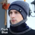 Set berretto e scaldacollo uomo in maglia blu scuro con calda fodera in pile - Solo sciarpa / Stile Tinta Unita - Blu Scuro