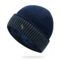 Berretto in maglia blu scuro invernale con calda fodera in pile e risvolto a righe - Cappello Singolo / Stile QY-Blu Scuro