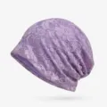 Elegante berretto a cuffia in pizzo viola con jacquard floreale per donne, traspirante - Foderato in Pile - Doppio Uso Berretto e Sciarpa / Modello 4 / Viola