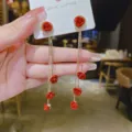 Elegant French style red rose dangle earrings with gold tassels for women and girls - Red Rose Long Tassel Earrings (E2592)
