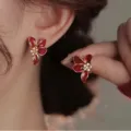 Elegant red enamel flower stud earrings with sparkling crystals for women jewelry accessory - Enamel Petal Full Rhinestone Style (E3889) / E3889 Gold Red