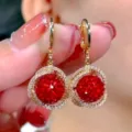 Elegant red ball dangle earrings with shimmering crystal pave halo in gold finish - Pave Rhinestone Red Ball Hook Style (E3917) / E3917 Gold Red