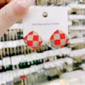 Vintage French style red and white checkered square stud earrings with S925 silver needle - Red and White Checkerboard Square Style (E2654)
