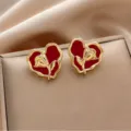 Elegant retro gold heart earrings with red enamel and embossed rose flower detail - Heart Heart Rose Relief Style (E2658)