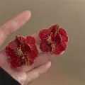 Elegant French style red flower enamel stud earrings with vintage gold-toned edges - 3D Red Flower Style (E2660)