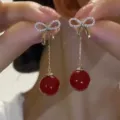 Elegant heavy-duty bow crystal dangle earrings with red round beads for autumn and winter - Full Rhinestone Bow Knot Tassel Style (E3964 Gold Red)