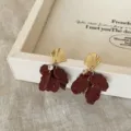 Vintage burgundy petal drop earrings with gold shell accent and crystal stud - Three-Petal Shell Leaf Style (E4024 Gold Red)