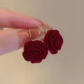 Elegant dark red velvet rose hoop earrings with gold-toned finish for autumn winter fashion - Flocked Rose Petal Style (E4052 Gold Red)