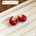 Elegant Ankora red minimalist C-shaped hoop earrings, trendy bold fashion jewelry accessory - C-Shape Arch Style (E4096) / Ancorra Red