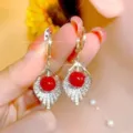 Elegant festive red bead drop earrings with sparkling petal-shaped rhinestones gold finish - Water Drop Petal Tassel Style (E4104) / Gold Red Combo