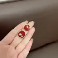 Elegant French style retro red enamel rose stud earrings with gold flower finish - Rose Relief Round Stud Style (E2778) / Gold Wine Red