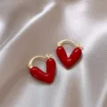Elegant French style red heart-shaped hoop earrings with gold finish - Heart Dripping Oil Ear Clip Style (E2830) / Gold Red