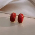 Elegant vintage French style deep red oval stud earrings with refined gold trim - Oval Retro Stud Style (E2838) / Gold Red