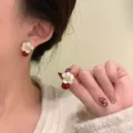 Exquisite floral petal earrings with Anchora red beads and sparkling rhinestones detail. - Pavé Flower Red Bead Style (E4152) / Gold Red Combo
