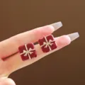 Elegant French vintage Ancora red square gift box stud earrings with golden bow detail - Bow Gift Box Style (E2889) / Gold Red