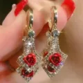 Elegant vintage gold-tone drop earrings with red rose motifs and sparkling crystals - 3D Rose Flower Style (E2900) / Gold Red
