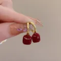 Elegant Ankora red square charm hoop earrings featuring a French vintage aesthetic design. - Retro Square Ear Buckle (E2920) / Gold Red