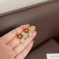 Elegant French style red flower earrings with sparkling clear crystals and gold hooks - Drip Oil Floral Pendant Ear Buckle (E2924) / Gold Red
