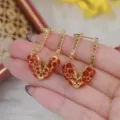 Elegant Ankora red full-diamond drop earrings with gold fringe and crystal tassel accents - V-shaped Petal Rhinestone Style (E4231) / Red & Gold