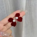 Elegant French style red velvet petal earrings featuring a central white pearl detail - Flocked Petal Pearl Style (E2953) / Flocked Red