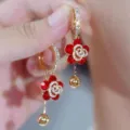 Elegant red flower petal tassel earrings with sparkling rhinestones in golden finish - Petal Rhinestone Tassel Style (E4233) / Red
