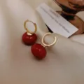 Elegant French style vintage red pearl hoop earrings with gold-tone finish for women - Pearl Hoop Style (E3025) / Red