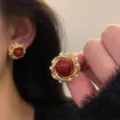 Vintage elegant red cabochon stud earrings featuring gold twist frame with pearl borders - Retro Cabochon Artificial Pearl Style (E4251) / Red & Gold