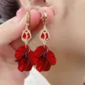 Elegant Ankara red petal tassel earrings with crystal flower bud accents in gold finish - Multi-layer Petal Long Tassel Style (E4259) / Ancorra Red
