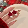 Elegant red velvet flower stud earrings with white pearl drop for festive winter season. - E4260 Red (Red Flocked Flower with Artificial Pearl Style)