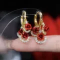 Exquisite French vintage red rose drop earrings featuring gold hoops and crystals - Triple Rose Rhinestone Decor Style (E3054) / Ancorra Red