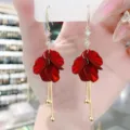 Elegant red flower petal tassel earrings with sparkling crystals in golden finish - E4277 Red (Red Metal Petal Rhinestone Long Tassel Earrings)