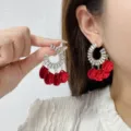 Elegant heavy-duty red petal tassel earrings with rhinestones for festive parties - E4278 Gold Red (Full Rhinestone Red Petal Tassel Earrings)