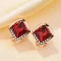 Elegant French vintage gold earrings with deep red square gemstone and zircon detail - Square Ruby Rhinestone Vintage Studs (E3145)