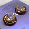Bold stylish red and tan enamel double hoop earrings with a shiny gold-tone finish. - E4289 Wine Red & Brown (Dual Hoop Enamel Earrings)