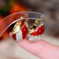 Elegant Ancora red and gold petal hoop earrings with sparkling pave crystals for women - E4340 Gold Red (Heavy Industry Full Rhinestone Water Drop Petal Earrings)