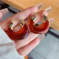 Elegant French style vintage Ankora red resin chunky hoop earrings with gold trim - U-Shape Amber Red Resin Earrings (E3223)
