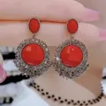 Elegant vintage style red crystal dangle earrings with brilliant rhinestone halo setting - Rhinestone Petal Red Stone Drop Earrings (E4348) / Antique Gold