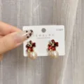 Elegant French red flower pearl earrings with S925 silver needle for women - Enamel Floral Artificial Pearl Earrings (E3281)