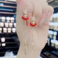 Exquisite vintage red fortune bag tassel earrings with gold finish and sparkling crystals - Long Tassel Dangle Style (E2070) / Gold Red