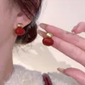 French style elegant Ankara red pearl stud earrings with retro gold metal design - Oval Red Bead Gold Clasp Earrings (E3318)