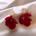 Elegant red velvet petal tassel earrings with sparkling crystal studs - Velvet Petal Long Tassel Drop Earrings (E4396) / Dark Red