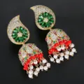 Bohemian Indian style Jhumka earrings with green zircon and pearl tassels. - Green Flower / Green (E19050601-Gn)