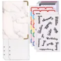 Marmor A6 PU-Leder Budget Binder Set mit Reißverschlusstaschen und Aufklebern - Loseblatt-Budget-Planer-Set / 2 Bargeldumschläge + Zubehör / Marmorweiß