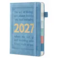 Agenda 2027 bleu avec sangle élastique et citation inspirante en anglais sur la couverture. - A5 Marquage à Chaud 2027 / Bleu