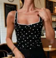 Elegant black polka dot camisole top with scalloped white trim for women summer fashion - S / Tops / Black