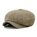 Classic brown herringbone newsboy cap with subtle plaid overcheck for men in retro style - Adjustable Fits 56-58cm Head Circumference / Khaki