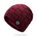 Burgunderrote Winter-Strickmütze mit dickem Fleecefutter und quadratischem Karomuster - Einheitsgröße Elastisch 56-60cm / Burgunderrot