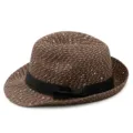 Stylish brown straw fedora sun hat with white sequins and a black ribbon bow detail - One Size / Coffee