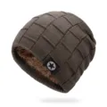 Braune karierte Strickmütze für Herren im Winter mit warmem dickem Fleece-Futter und Stern-Patch - Einheitsgröße Elastisch 56-60cm / Khaki